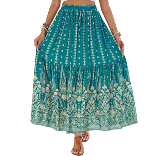 Maxi Skirts for Women Trendy Elastic High Waisted Boho Flowy Tiered Pleated Skirt A-Line Drawstring Beach Vacation Clothes