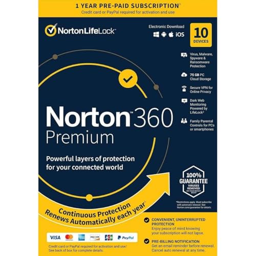 Norton 360 Premium 1-Year Security Software License, 10-Devices, Key Card