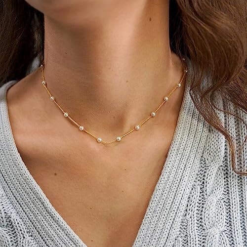 DIBOLA Dainty Pearl Necklaces for Women 14K Gold/Silver Plated Cute Single Pearl Necklace Elegant Small Tiny Pearl Choker Thin Chain Necklace Simple White Pearl Drop Y Long Necklace Freshwater Pearled Pendant Necklace Pearls Jewelry Gift2