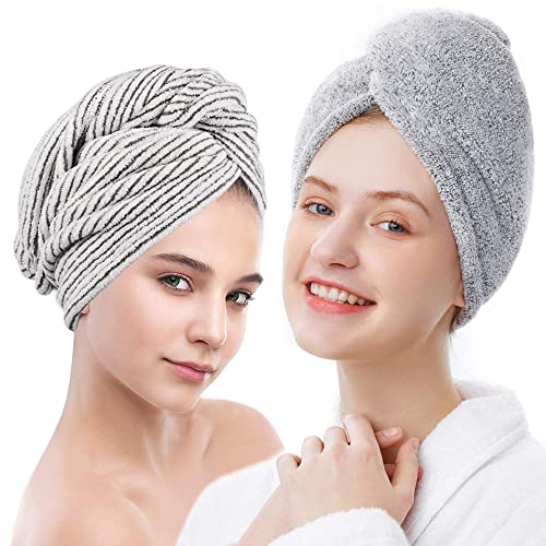ELLEWIN 2 Pack Drying Hair Towel Wrap, Rayon Polyester Microfiber, Hair Turban Buttons Super Absorbent Quick Dry Rapid Head Hair Towels for Women Curly Long Thick Hair Anti Frizz