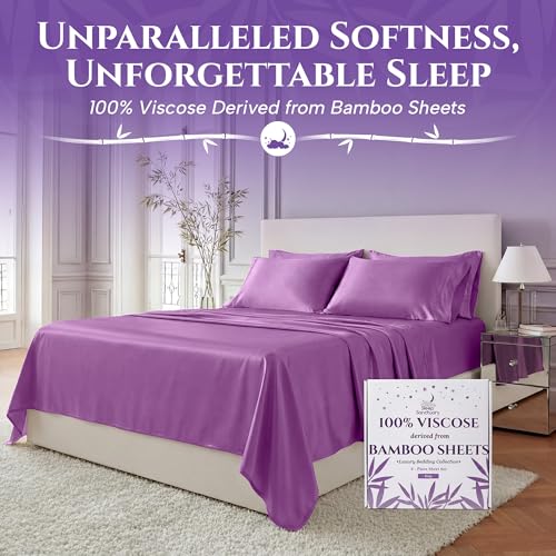 SLEEP SANCTUARY 100% Viscose Derived from Bamboo Sheets King Size 6pcs – BamBliss Luxury Cooling Sheets for Hot Sleepers - Cloud Soft, 17" Deep Pocket, Ultra Durable Bed Set (Purple) — view 2