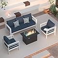 VONZOY Patio Furniture Set with Fire Pit Table, Aluminum Patio Furniture Set,Blue Outdoor Metal Sectional Sofa with Aluminum Fire Pit Table for Garden Backyard (Include Waterproof Cover)