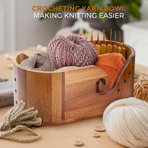 Image of Miglaja Yarn Bowl - Large Size Wooden Yarn Holder, Smooth Crochet Bowl with 9pcs Knitting Hooks Yarn Bowls for Crocheting Yarn Storage (Without Lid)
