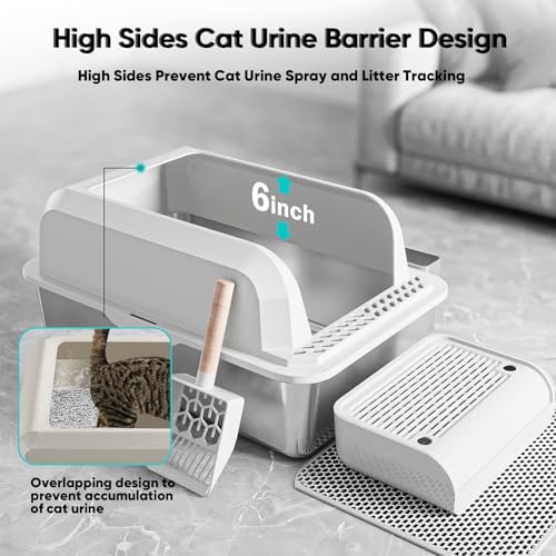 Furkid Caixa de areia para gatos de aço inoxidável com tampa, caixa de areia grande GG para gatos gr