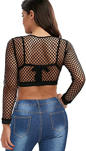 Nihsatin Fishnet Tops for Women Long Sleeve Fishnet Crop Top Clubwear See Through Black - Image 3