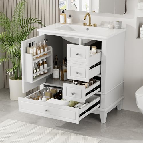 Harper & Bright Designs 30' Bathroom Vanity with Sink, Free Standing Single Basin Vanity Set with One Door and Three Drawers, Solid Wood Bathroom Cabinet with Ceramic Basin for Bathroom, White