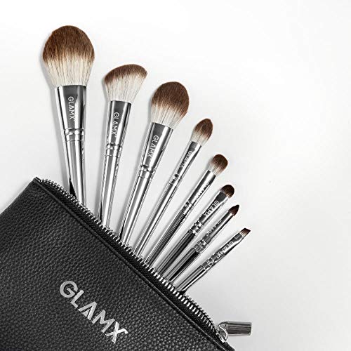 GLAMX® GX10 | 8 Piece Silver Makeup Brush Set | Professional Makeup Brush Set | Comes With a Stylish, Luxury Black Pouch | Suitable for MUA (Makeup Artists) GLAMX® GX10 | 8 Piece Silver Makeup Brush Set | Professional Makeup Brush Set | Comes With a Stylish, Luxury Black Pouch | Suitable for MUA (Makeup Artists)