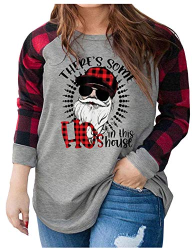 Womens There's Some Hos in This House Shirts Funny Christmas Plaid Sleeve Plus Size Tees Santa Claus Xmas Holiday Tops (Grey, Large)