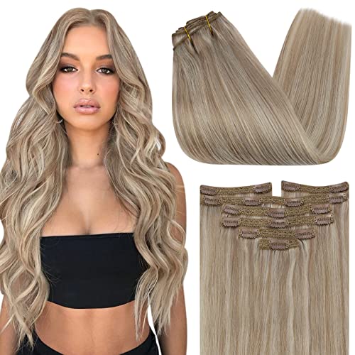 Blonde Clip in Hair Extensions Real Human Hair 12inch 5pcs 70g Ash Blonde Highlights Bleach Blonde Real Human Hair Clip in Extensions Remy Hair Extensions Clip ins Double Weft Silky Soft