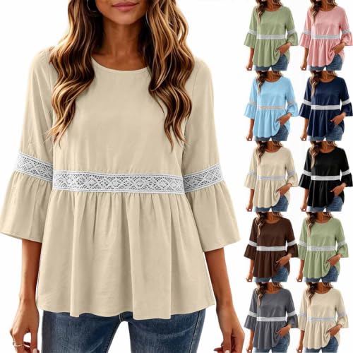 Damen Tshirt 3/4 Arm Elegant Leinenshirt Locker Causal T-Shirt