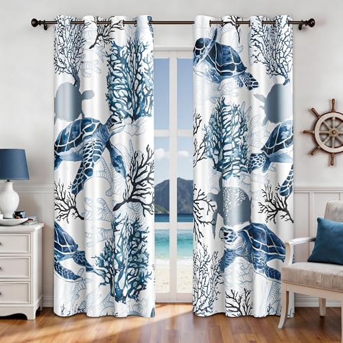Nautical Coastal Curtains Decorative Beach Ocean Sea Turtle Coral 50% Light Blocking Sea Darkening Grommet Curtain For Villa Living Room, Bedroom Navy Blue and White 2 Panels Set, 52x84 Inches by weesire - Used condition - US$31.44