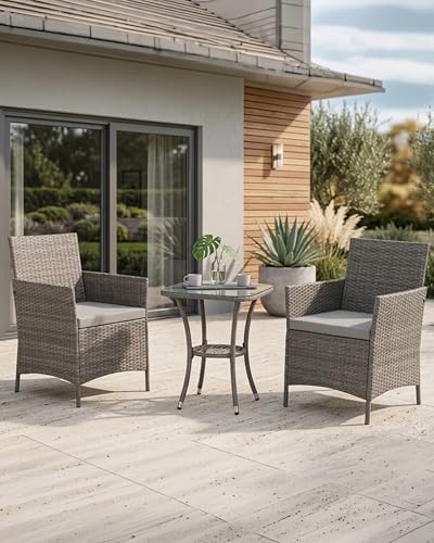 Image of EVRE Copenhagen Outdoor Rattan Garden Bistro Set 3 Piece Wicker Table and Chairs Furniture with Cushions Glass Top Coffee Table for Conservatories Balcony Patio Poolside and Terrace (Grey)
