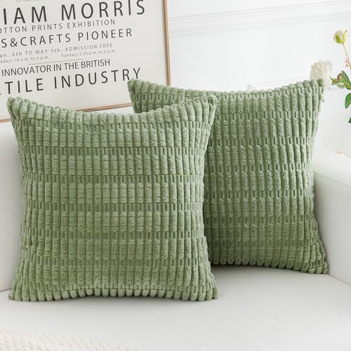 HERAYLI Corduroy Decorative Throw Pillow Covers, Boho Stripe Soft Square Cushion Case Home Decor for Living Room Couch Bed Sofa, Set of 2 Pack, Sage Green, 18x18 Inch