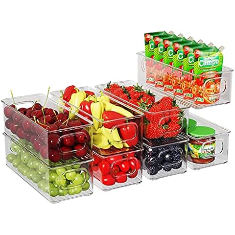 Fridge Organiser Set of 8, Stackable Storage Box, Small Refrigerator Organizer Bins with Handles for Kitchen, Freezer, Pantry, Cupboards - Clear BPA-Free Storage Container Cover