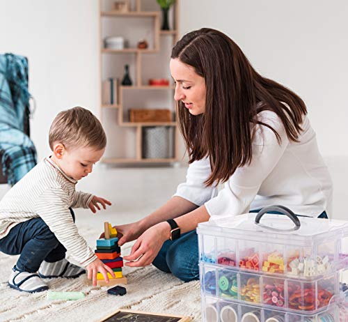 Image of Anstore 3-Tier Craft Storage Box With 30 Compartments - Transparent Stackable Plastic Organizer With Handle for Jewelry, Toys, Sewing Accessories (Large)