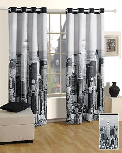 Image of Swayam Blackout Polyester Kids Door Curtain for Living Room & Bedroom | 7.5 Feet | Room Darkening Curtain with Eyelets | Pack of 1 | Modern City Design - Grey