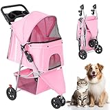 KMFurnila 3 Wheel Pet Stroller for Dogs and Cats, Foldable, Lightweight and Durable, Ideal for Small to Medium Pets, Includes Storage Basket and Cup Holders