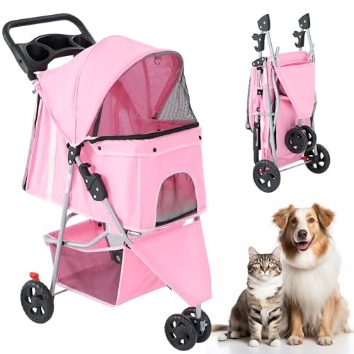 KMFurnila 3 Wheel Pet Stroller for Dogs and Cats, Foldable, Lightweight and Durable, Ideal for Small to Medium Pets, Includes Storage Basket and Cup Holders
