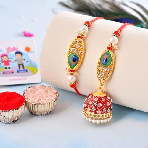 Image of CraftVatika Rakhi for Brother and Bhabhi with Gift Set Combo, Rakhi Set of 2 for Bhaiya Bhabhi, Kundan Meenakari Couple Pair Bhai Bhabhi Rakhi, Rakhis for Rakshabandhan, Fridge Magnet for Door Decor