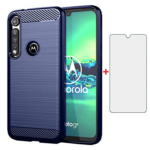 Phone Case for Moto G8 Plus with Tempered Glass Screen Protector Cover and Cell Accessories Slim Silicone Full Body Protective MotoG8Plus Moto8 + G8+ Motorola G8Plus Motog8+ 6.3 inch Cases Navy Blue