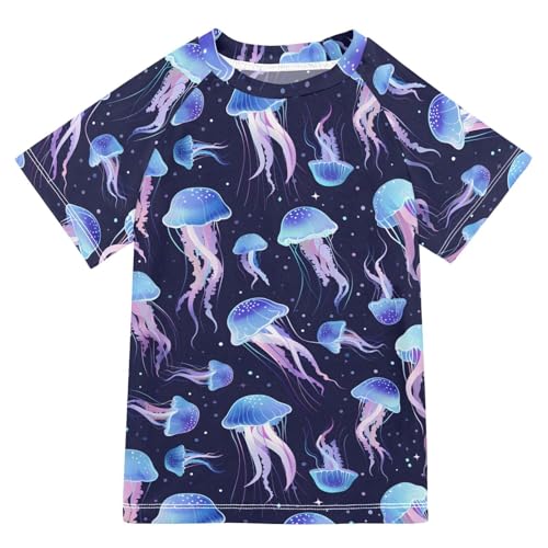 ALAZA Boys Swim Shirt Short Sleeve Rash Guard for Boys Girls UPF 50+ Blue Jellyfish 9-10T