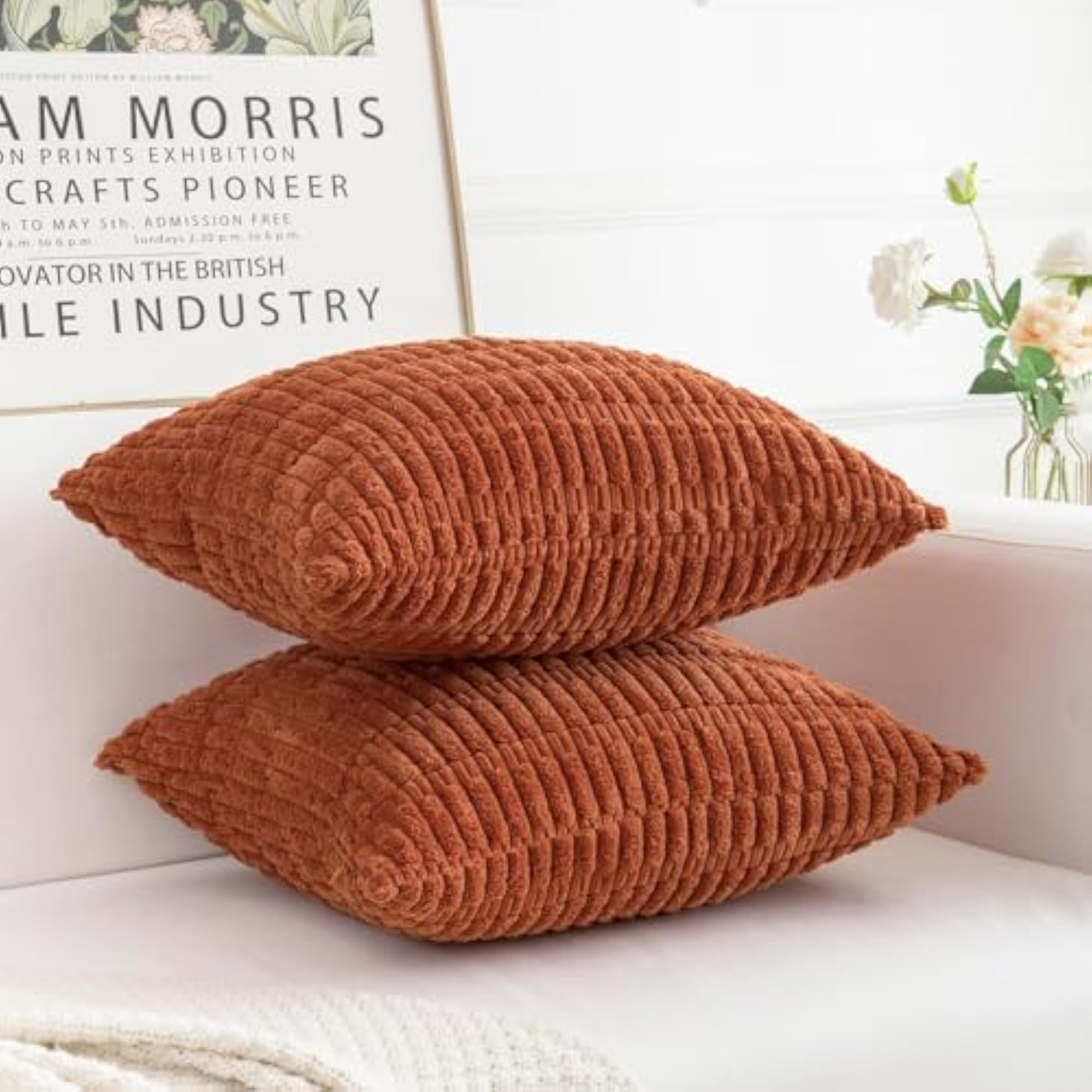 Corduroy Decorative Throw Pillow Covers, Boho Stripe Soft Square Cushion Case