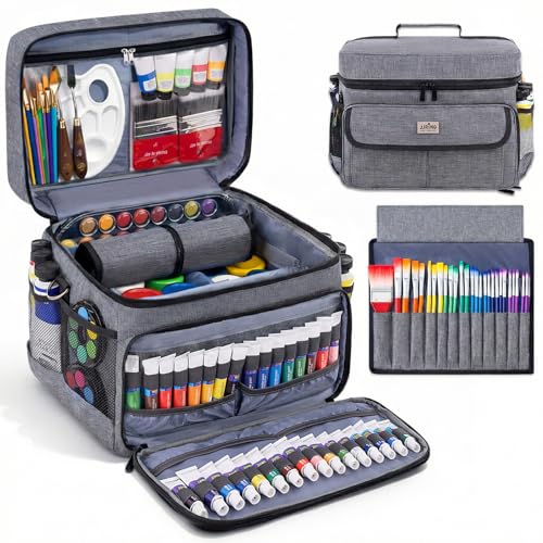 JJRING Versatile Acrylic Paint Organizer Bag With Adjustable Dividers For Multi-Size Bottles, Art Supply Storage Case Features 12-Slot Brush Holder & Clear Zipper Pocket, Travel Craft Tote(Grey)