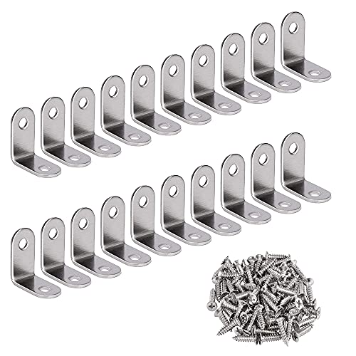 20 Pièces Coin à Angle Droit à 90 Degrés, Renfort d'Angle En Forme de L, 20x20x16mm Equerre Angle Équerre de Coin en Acier Inox avec 40 Pcs Vis pour Étagère en Bois, Armoire, Chaise, Table, Porte Cover