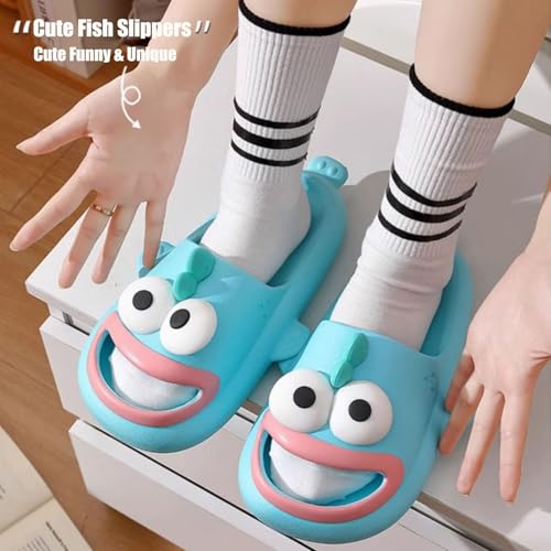 Fish Slippers, Fish Slides, Cute Cartoon Animal Shape Slippers, Non-Slip Open Toe Thick Sole Funny Beach Pool Shower Shoes Bathroom Sandals for Adults Kids (Green,5.5-6 Women/4-4.5 Men)2
