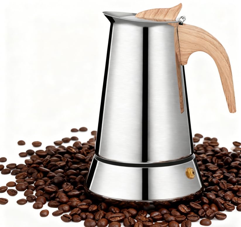 Romon Cafetera Italiana, 6 Tazas 300ml Plata, Cafetera Moka de Acero Inoxidable con Mango de Madera, Adecuada para Vitrocerámica, Camping y Gas