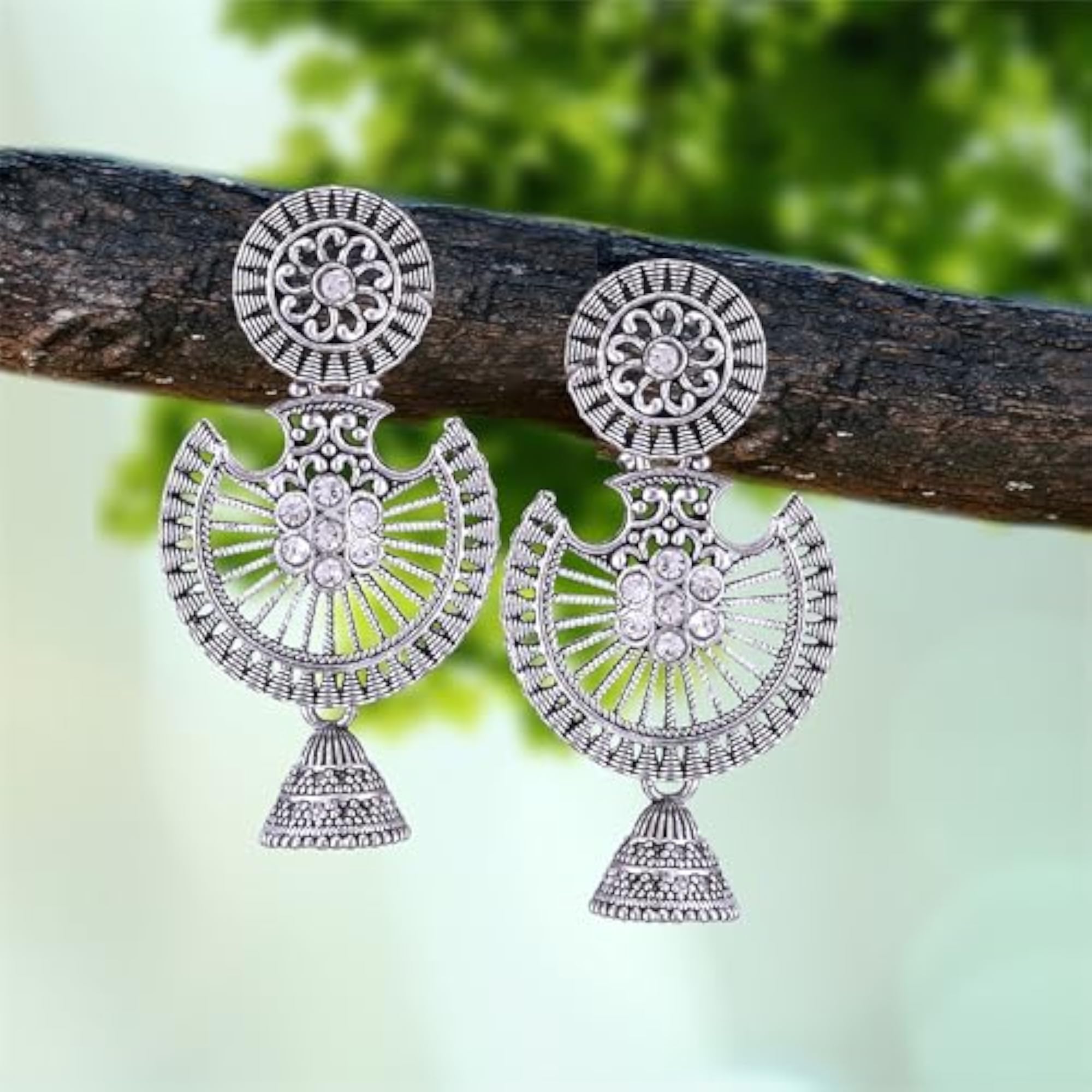 Women's Oxidised Silver Glamorous Jhumka Earrings with Pearl Accents