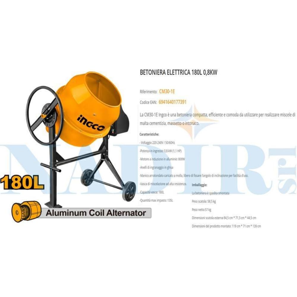 BETONIERA ELETTRICA 180LT - 800w - ghiera in ghisa - Motore a induzione in alluminio - INGCO CM30-1E