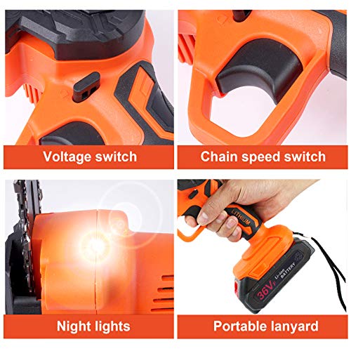 Mini Chainsaw Cordless Battery Saws, Upgraded 6-Inch 36V Power Chain Saws, Portable one-Hand Operated Electric Saw for Courtyard Tree Branch Wood Cutting (2pcs Batterie+ 2pcs Chain)