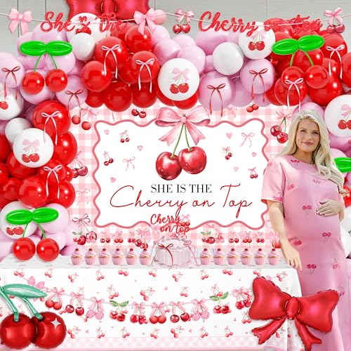 Image of Cherry Baby Shower Party Decorations Kit - Includes She's The Cherry On Top Banner, Balloon Arch, Backdrop, Tablecloth & Cake Toppers for Women Girls Cherries Themed Party Supplies
