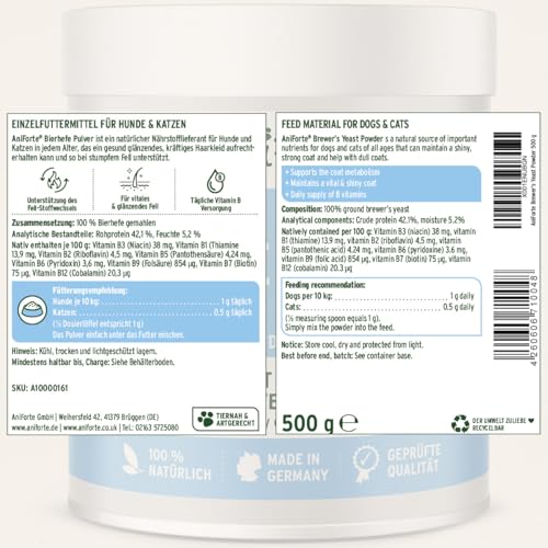 AniForte Bierhefe Pulver für Hunde 500g - Naturprodukt für glänzendes, kräftiges Fell & Vitale Haut, Mit Biotin & Vitamin B für Hunde