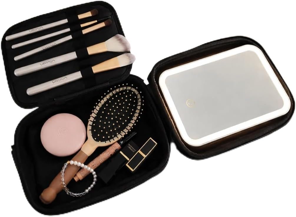 Travel Cosmetic Bag Waterproof with LED Light and Makeup Mirror Bolsa de Cosméticos de Viaje Portátil, Organizador de Maquillaje Impermeable, Bolsa de Belleza con Luz LED y Espejo de Maquillaje