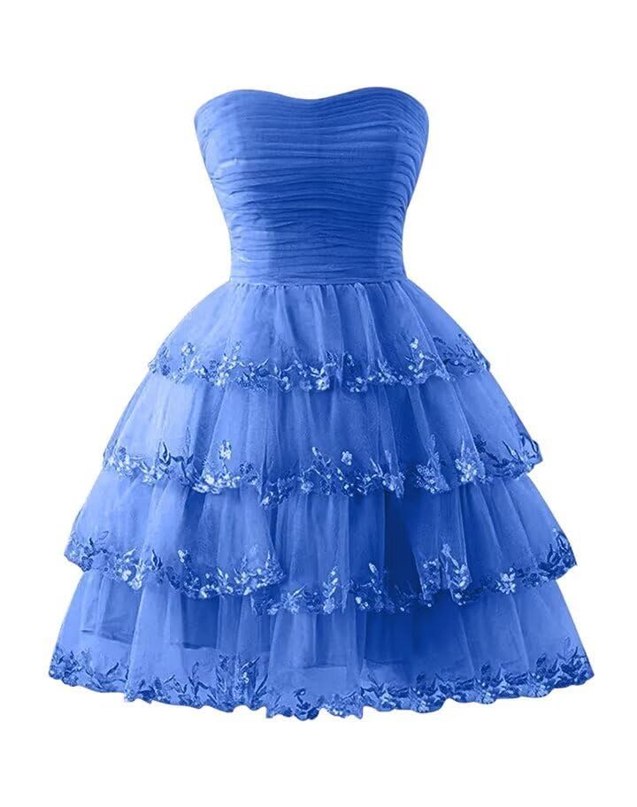 Short Strapless Lace Appliques Homecoming Dresses Tiered Ruffle Tulle Formal Cocktail Party Gowns for Teens HS223