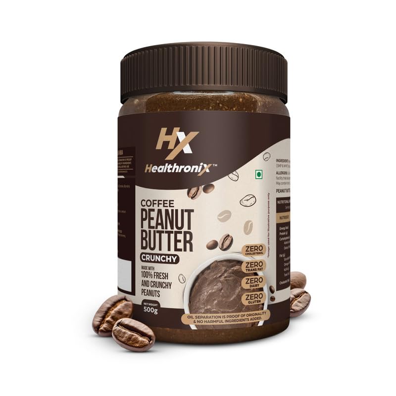 Product image of Healthronix Coffee Peanut Butter Crunchy 500g | 27g Protein & 7g Dietary Fibre | Healthier & Tastier Nut Butter Spread for Morning Breakfast, Evening Snacks | Zero Trans Fat | Crunchy Peanut Butter