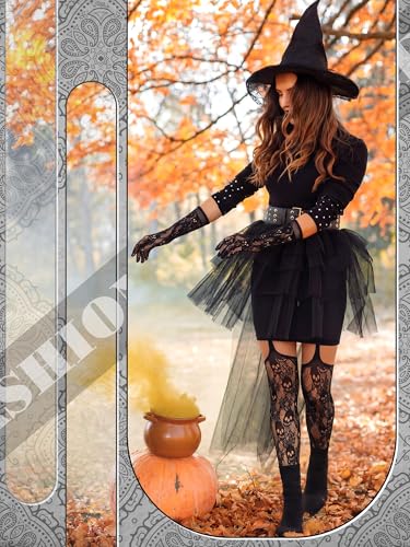 Image of Geyoga 2 Pcs Lace Fishnet Stockings Tights Floral Gloves Black Suspender Pantyhose Long Gloves for Women Halloween Cosplay