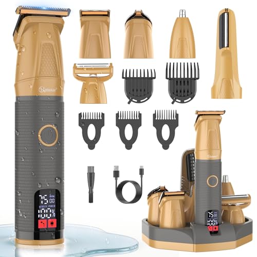 Hatteker Mens Hair & Beard Trimmer 6-in-1 Kit Precision Clipper Body Trimmer with Magnetic Attachments Adjustable Length Waterproof (Gold)