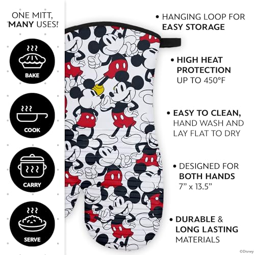 Image of Disney Silicone Oven Mitts Heat Resistant - Set of 2 Long Cuff Cotton Kitchen Mitts with Silicone Grip Stripes, Cute Oven Mitts & Pot Holders for Cooking, Baking & Kitchen Essentials- Mickey
