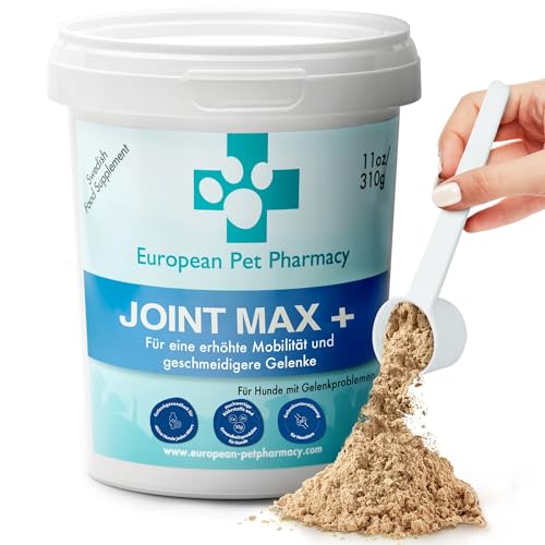 European Pet Pharmacy Joint Max+ Joint Care für Hunde — Nahrungsergänzungsmittel Hund & Katze – Nährstoffreiche Formel mit Grünlippmuschel Hund – Jedes Alter – 310 g Glucosamin Chondroitin Pulver