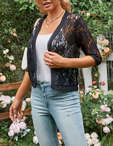 Image of Chevara Women's Casual Summer Lace Cardigan 3 /4 Sleeve Floral Crochet Cardigans Shrug Sweaters