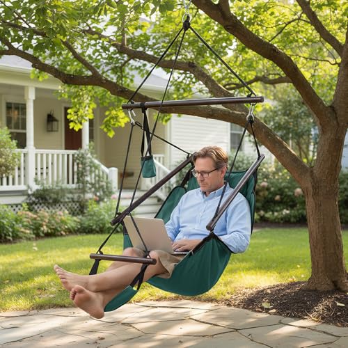 Image of ONCLOUD Upgraded Unique Hammock Sky Chair, Air Deluxe Hanging Swing Seat with Rope Through The Bars Safer Relax with Drink Holder & Fuller Pillow Beech Wood Indoor Outdoor Patio Yard 250LBS (Green)
