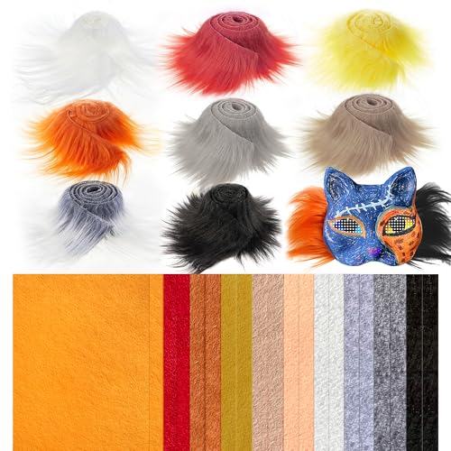 zazaby DIY Therian Mask Kit Felt Fabric Faux Fur Strips Plastic Mesh Sheets for Therian Gear Stuff Animal Arts Crafts Kit, Dress Up DIY for Cat Fox Cosplay Party Interaction(No Mask Included)