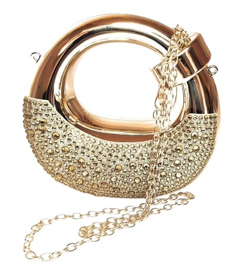 Image of Crystal Embellished Evening Clutch Bag with Curved Handle, Rose Gold Metallic Finish, Detachable Chain Strap, Mini Size