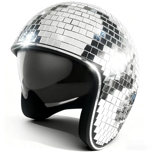 Diskokugel Helm Discokugel Hüte Disco Glitter Ball Helme Dekor Helme mit Einziehbarem Visier mit Ersatzteil Selbstklebende Mini SpiegelDisco-Party-Helm-Hut Für DJ-Club Bühne Party Hochzeit