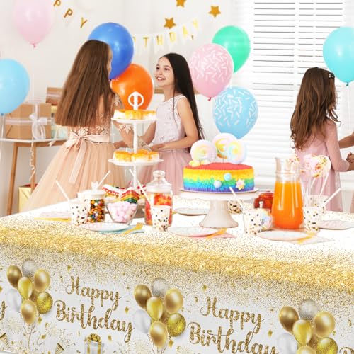 Image of Happy Birthday Tablecloths - Gold & White Party Decorations, 3pcs Disposable Table Covers for Indoor /Outdoor Birthdays