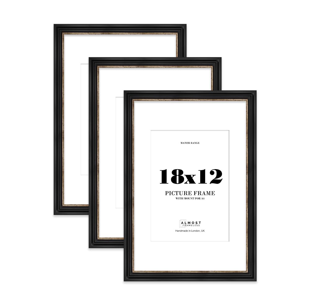 18x12" Black and Gold Picture Frame - 18x12" Frame with A4" Mount for 18x12"/A4" Pictures Vintage Style Wall Art, 3 Pack โ image 1