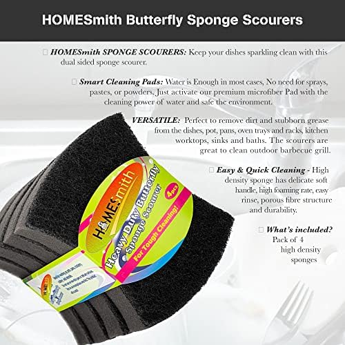 HOMESmith Heavy Duty Butterfly Washing Up Sponge Scourers ( Pack of 4 ), Mat Black